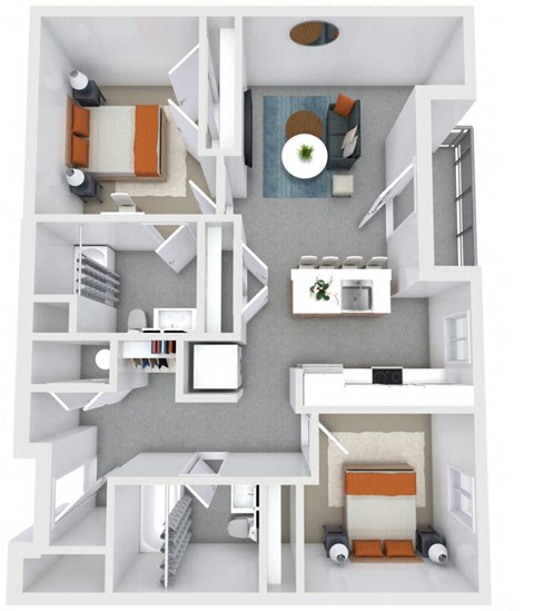 a 3d rendering of a floor plan with bedrooms and a living room
